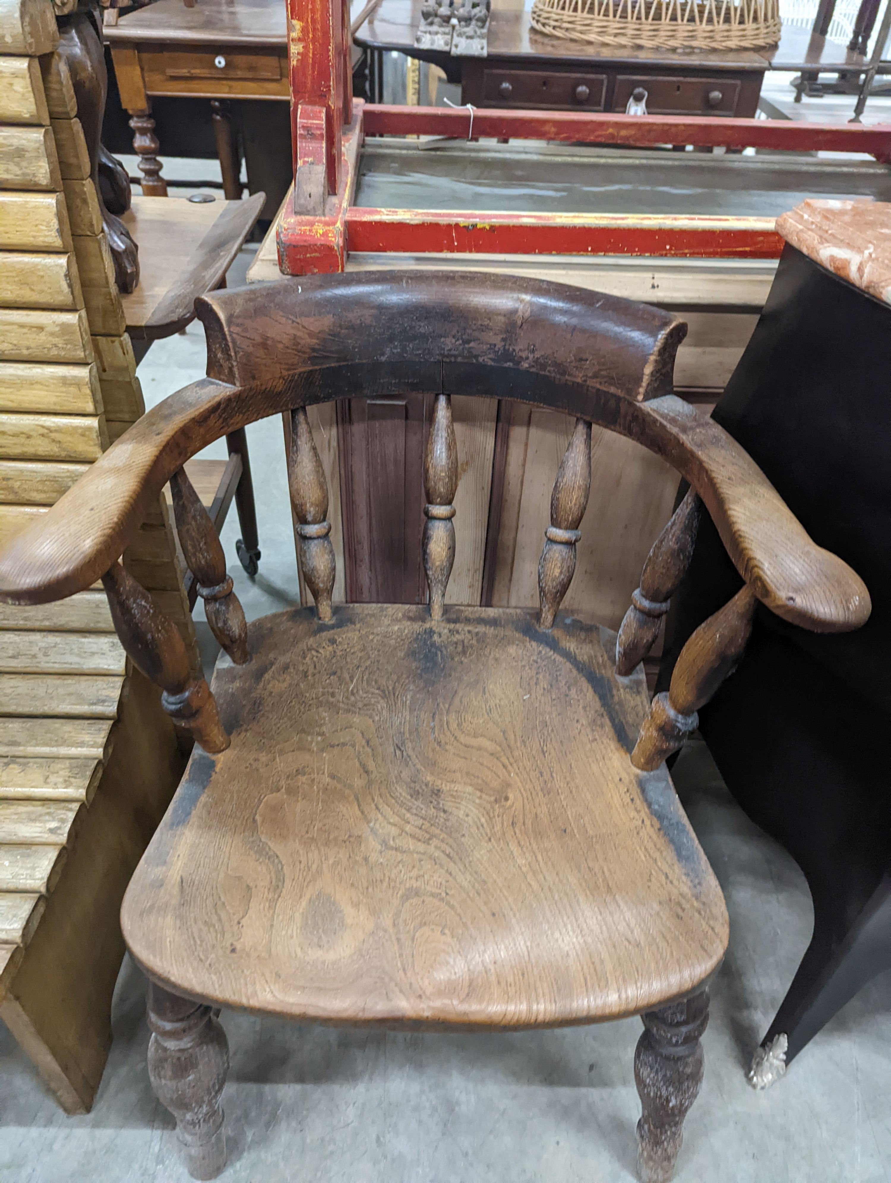A Victorian elm and beech smoker's bow chair together with a provincial wood seat chair